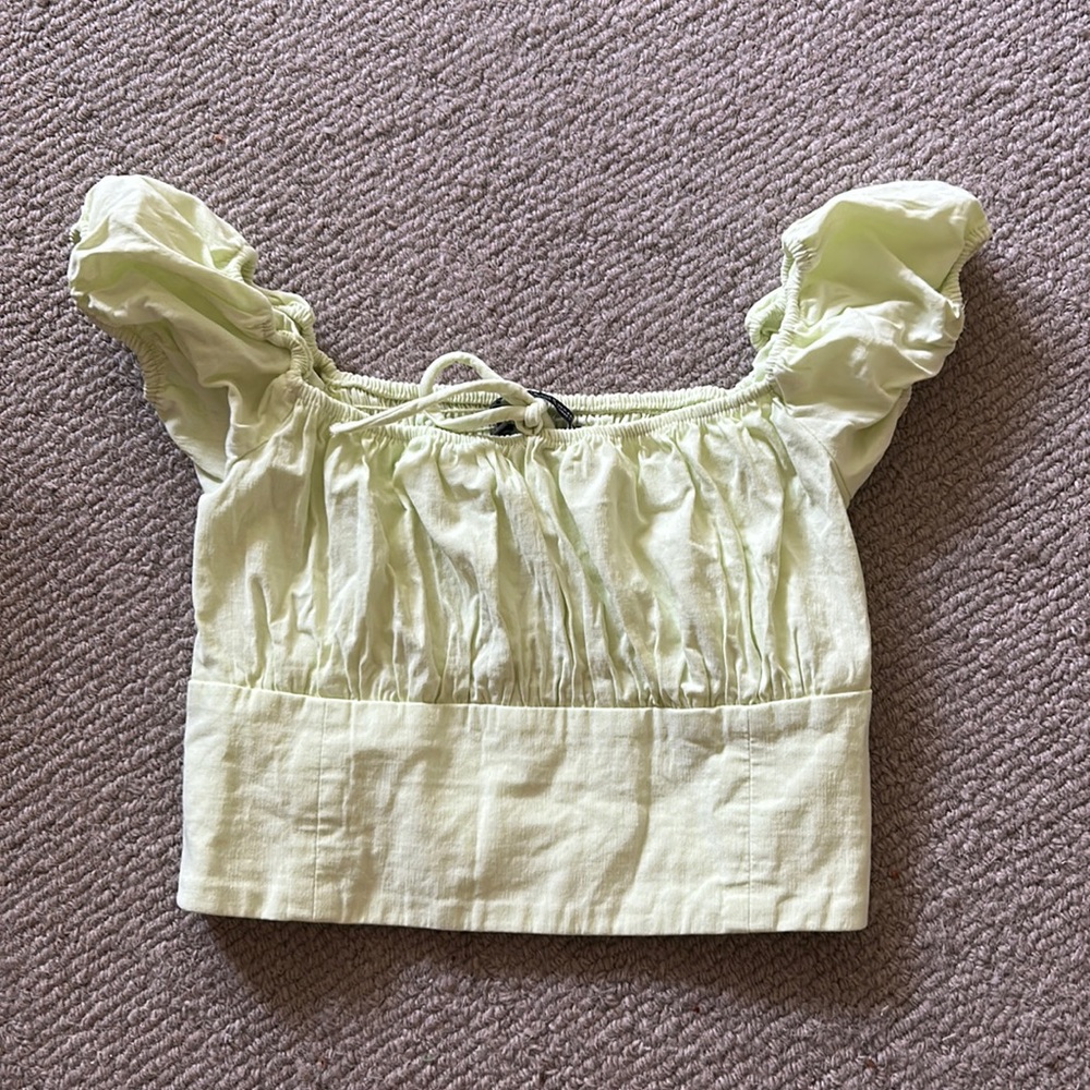 Zara Lime Green Cropped Top with Puffy Sleeves Size Small